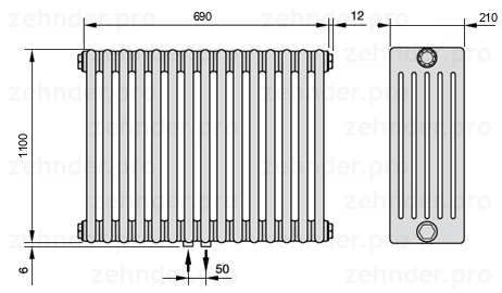 Схема (чертеж) Радиатор Zehnder Charleston 6110/15 №3470 Белый глянцевый RAL 9016